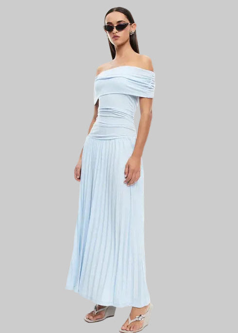 Women’s Maxi Dress with Off-Shoulder Draped Bodice and Pleated Skirt
