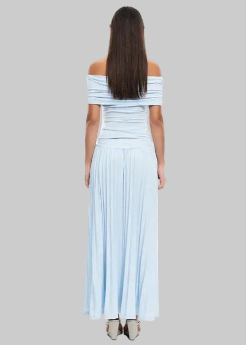 Women’s Maxi Dress with Off-Shoulder Draped Bodice and Pleated Skirt