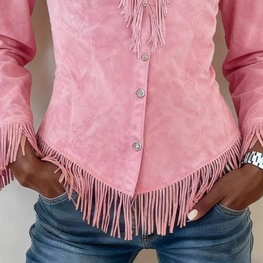 Women's Pink Suede-Look Fringe Western Blouse