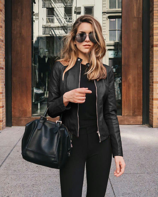 Women's Biker Jacket with Stand Collar and Zip Front