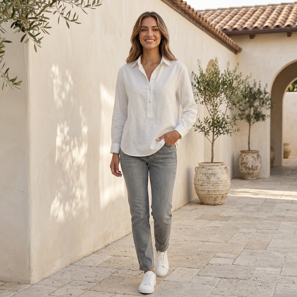 Women’s Popover Blouse with Point Collar and Partial Button Placket