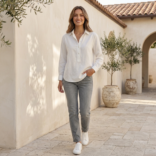 Women’s Popover Blouse with Point Collar and Partial Button Placket