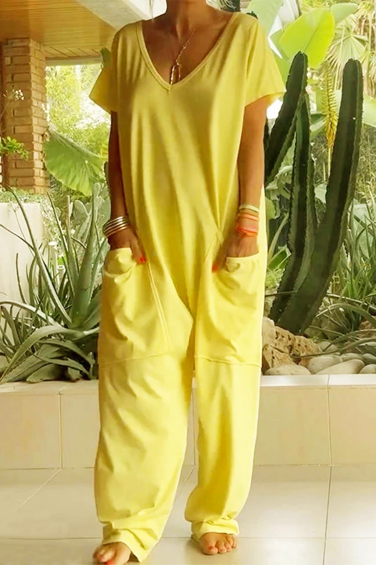 Women's Linen Blend Wide Leg Jumpsuit with V-Neck for Relaxed Comfort