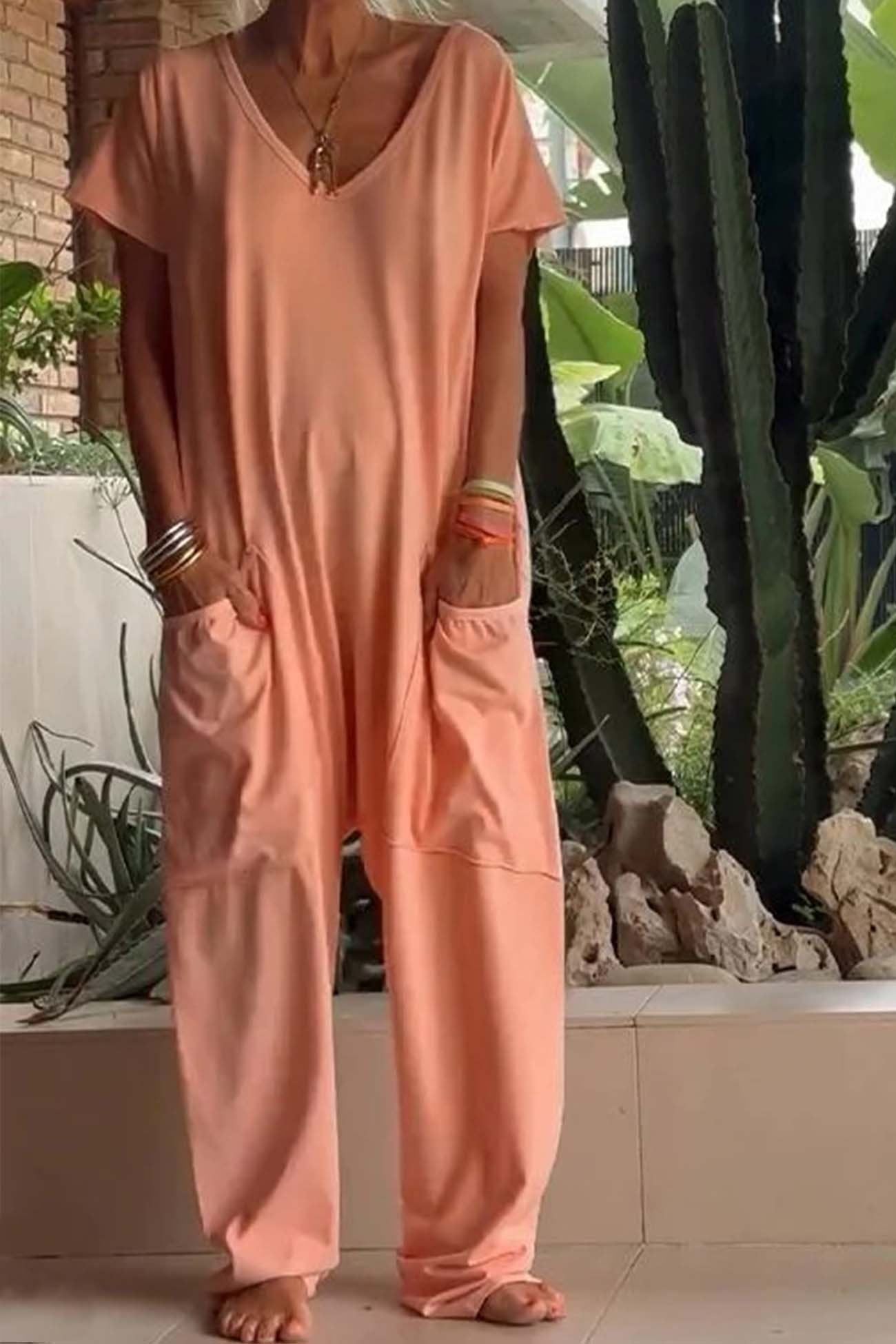 Women's Linen Blend Wide Leg Jumpsuit with V-Neck for Relaxed Comfort