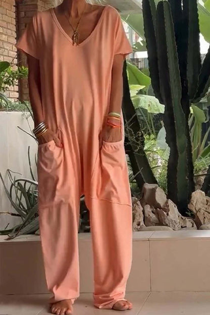 Women's Linen Blend Wide Leg Jumpsuit with V-Neck for Relaxed Comfort