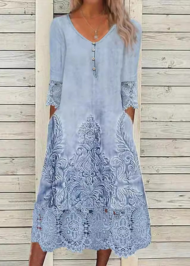 Women’s Midi Dress with Lace Patchwork Hem and Functional Side Pockets