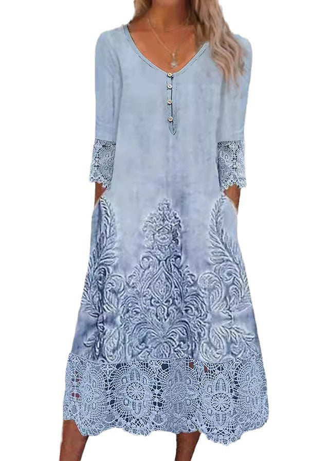 Women’s Midi Dress with Lace Patchwork Hem and Functional Side Pockets