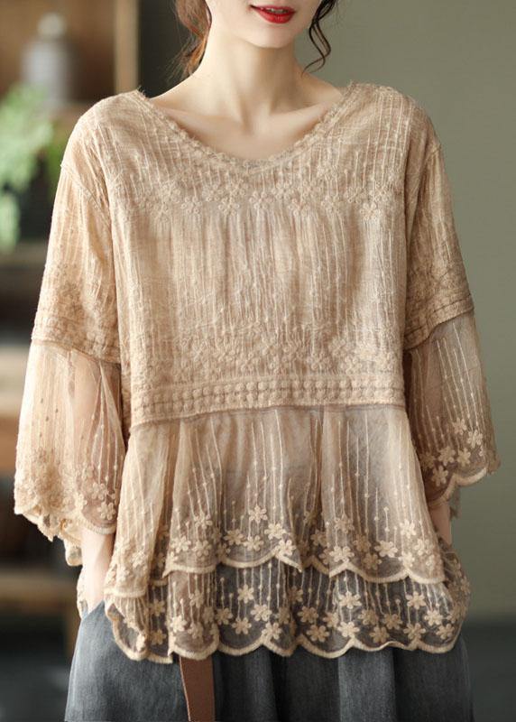 Women's Embroidered Blouse with Tiered Lace Hem and Half Sleeves