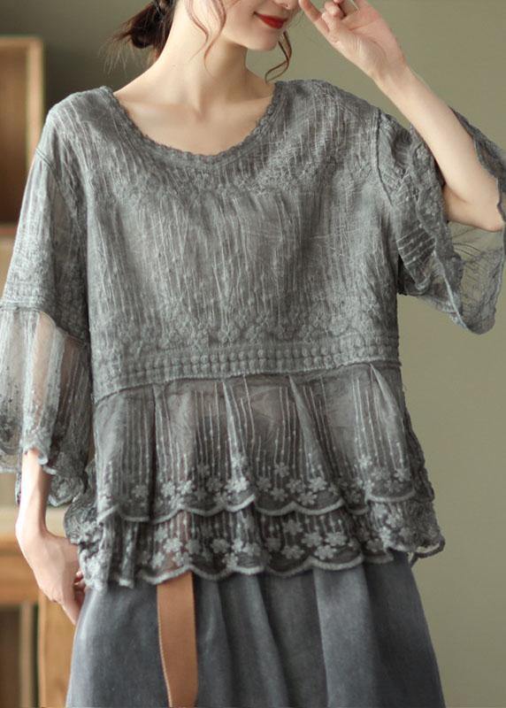 Women's Embroidered Blouse with Tiered Lace Hem and Half Sleeves