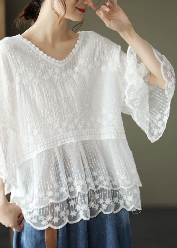 Women's Embroidered Blouse with Tiered Lace Hem and Half Sleeves