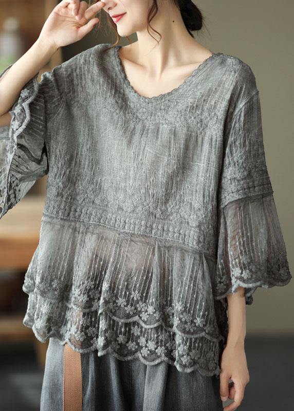 Women's Embroidered Blouse with Tiered Lace Hem and Half Sleeves
