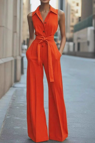 Women's Wide Leg Jumpsuit with Sleeveless Collared Neck and Belted Waist
