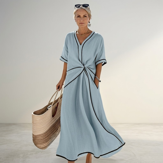 Women’s Midi Dress with Pleated Skirt and Elegant Long Cuffed Sleeves