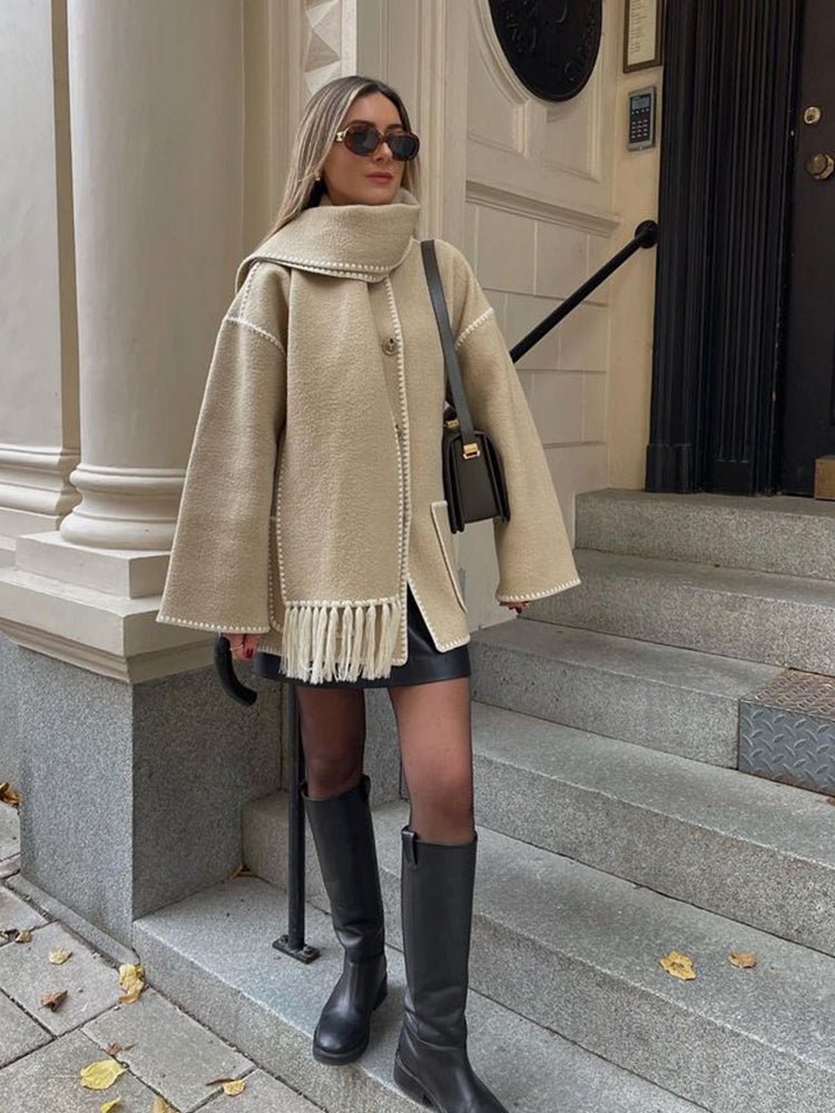 Women's Oversized Cape Coat with Fringe Trim and Contrast Stitching
