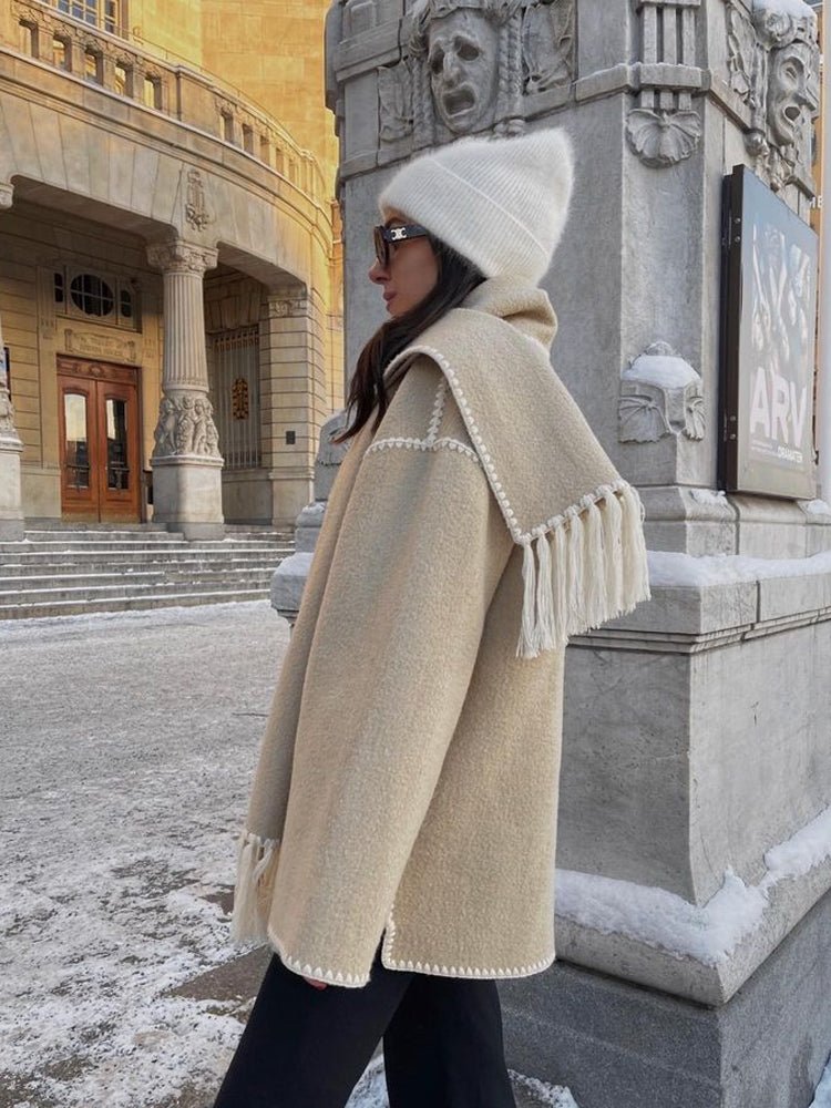 Women's Oversized Cape Coat with Fringe Trim and Contrast Stitching