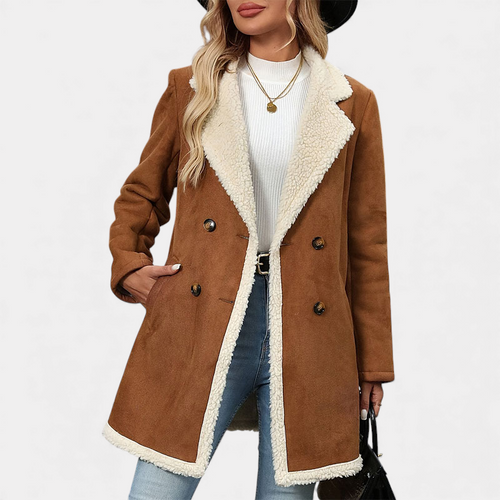 Women's Suede Longline Coat With Sherpa Lapel Collar