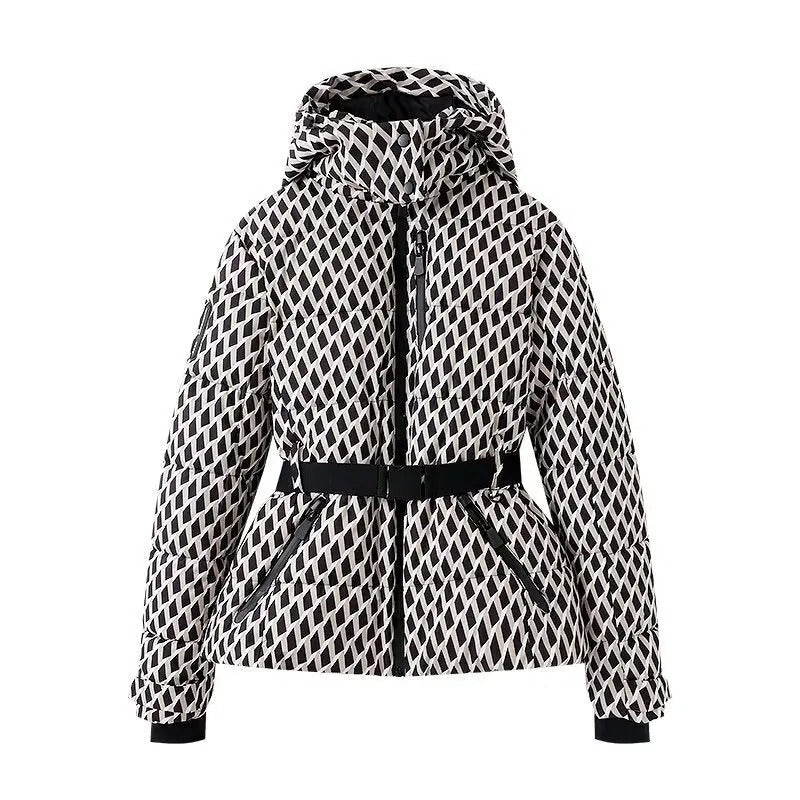 Women's Black Quilted Belted Puffer Jacket With High Collar
