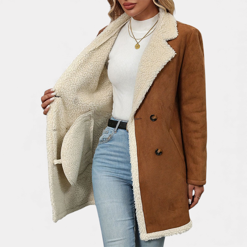 Women's Suede Longline Coat With Sherpa Lapel Collar