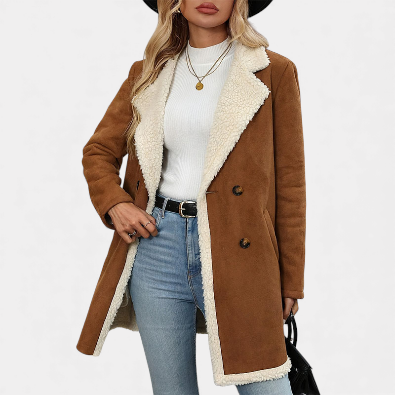 Women's Suede Longline Coat With Sherpa Lapel Collar