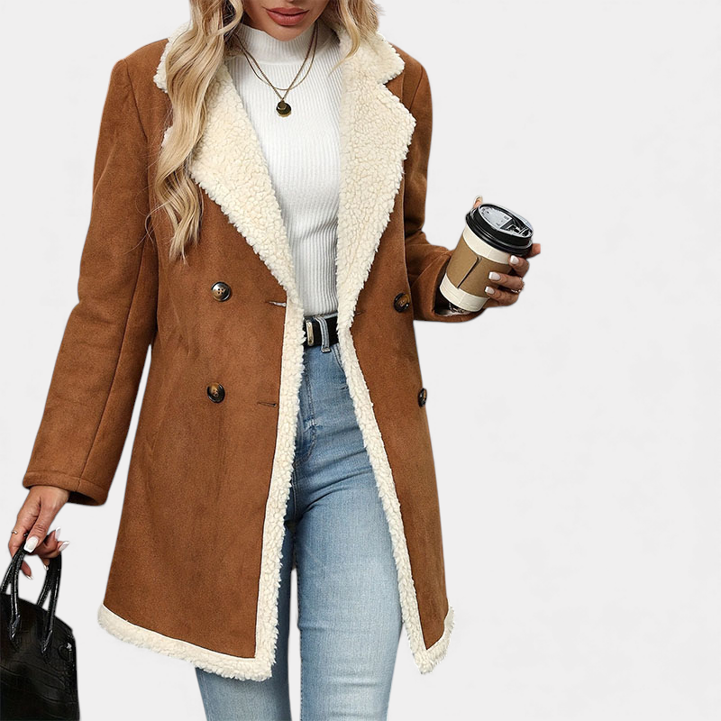 Women's Suede Longline Coat With Sherpa Lapel Collar