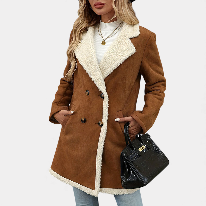 Women's Suede Longline Coat With Sherpa Lapel Collar