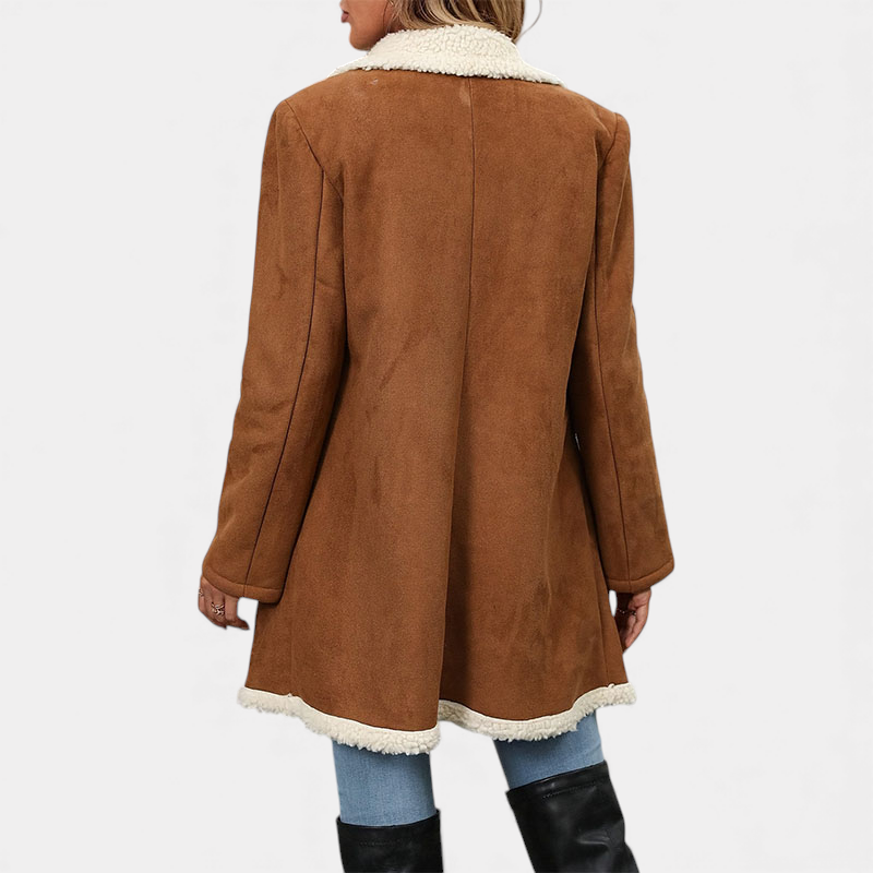 Women's Suede Longline Coat With Sherpa Lapel Collar