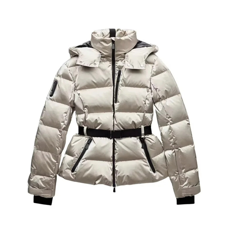 Women's Black Quilted Belted Puffer Jacket With High Collar
