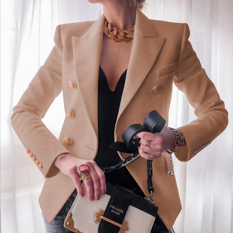 Women’s Double-Breasted Blazer with Gold Buttons and Tailored Peak Lapel