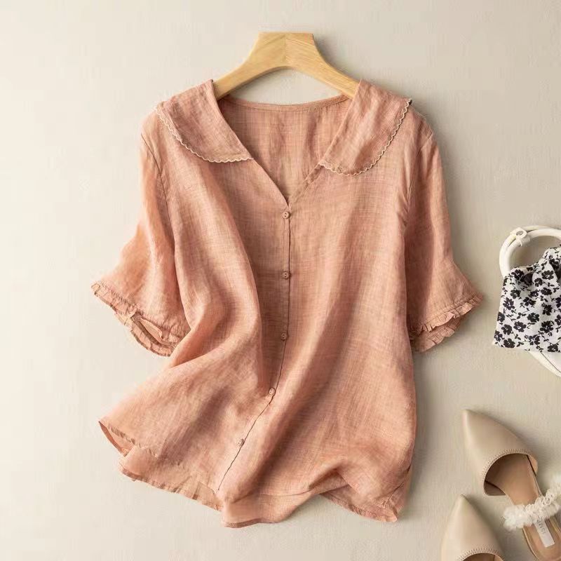 Women’s Vintage Inspired Blouse with Scalloped Collar and Button Down Front