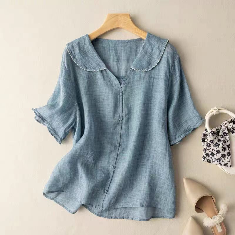 Women’s Vintage Inspired Blouse with Scalloped Collar and Button Down Front