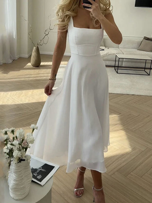 Women's A-Line Midi Dress with Square Neckline and Flowing Chiffon Skirt
