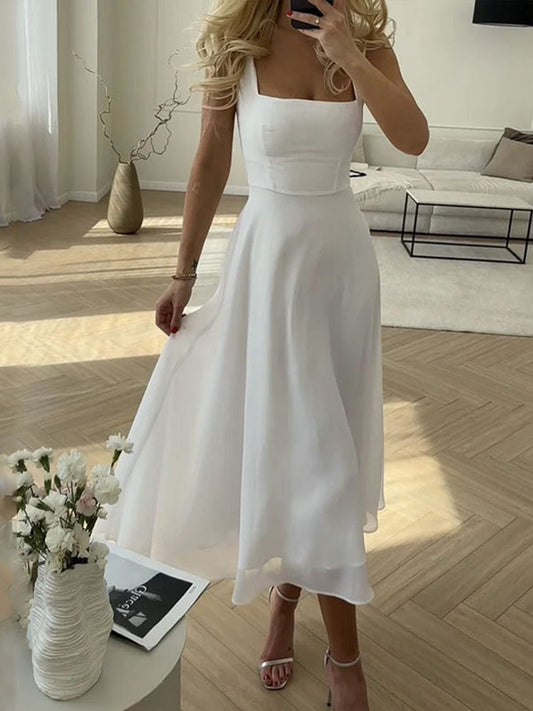 Women's A-Line Midi Dress with Square Neckline and Flowing Chiffon Skirt