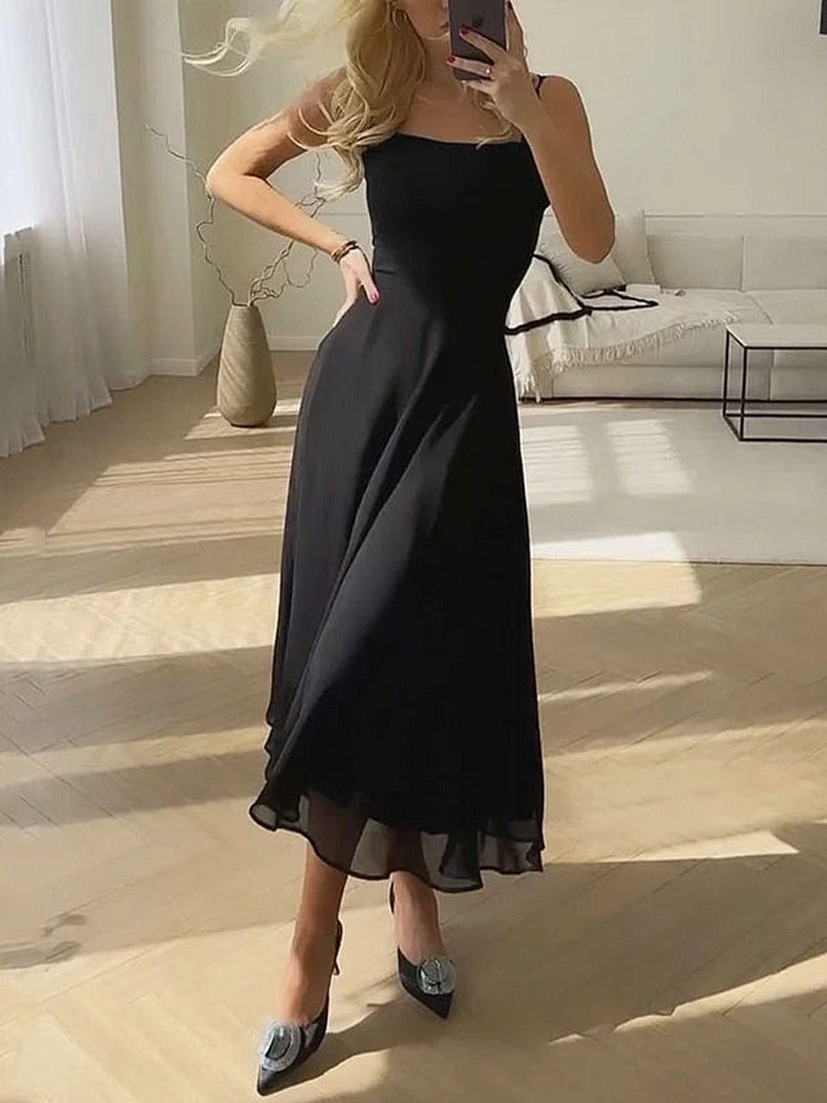 Women's A-Line Midi Dress with Square Neckline and Flowing Chiffon Skirt
