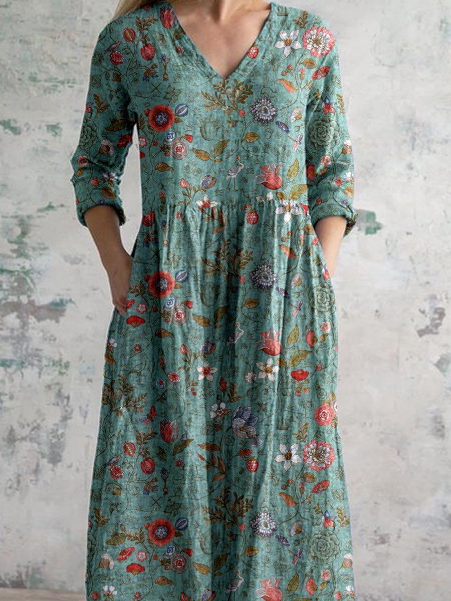 Women's Boho Floral Cotton Maxi Dress with V-Neck for Weekend Comfort