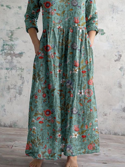 Women's Boho Floral Cotton Maxi Dress with V-Neck for Weekend Comfort