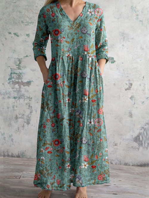 Women's Boho Floral Cotton Maxi Dress with V-Neck for Weekend Comfort