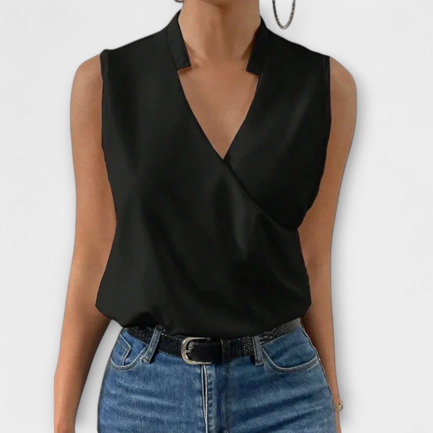 Women’s Wrap Blouse Sleeveless Collared V Neck Shirt