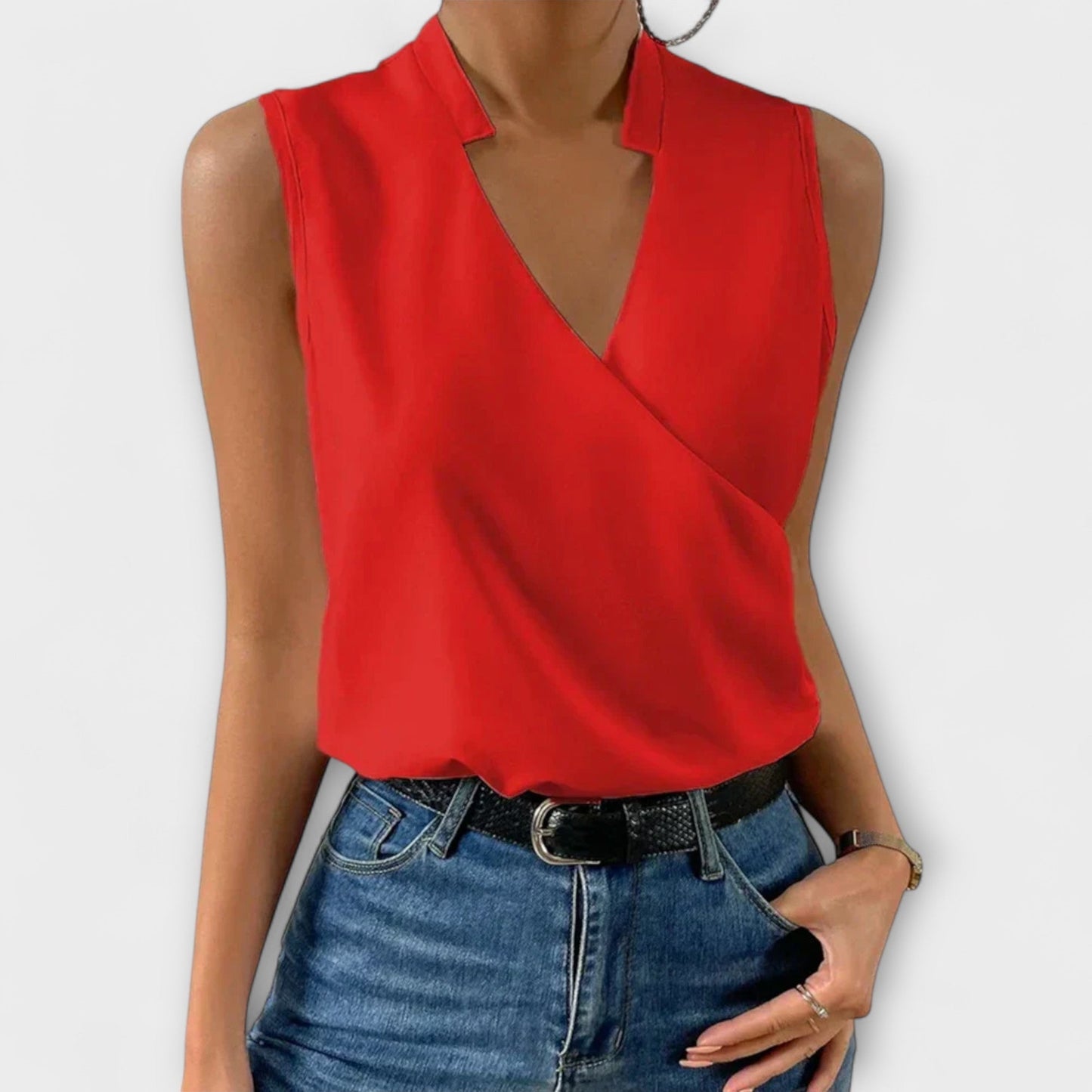 Women’s Wrap Blouse Sleeveless Collared V Neck Shirt