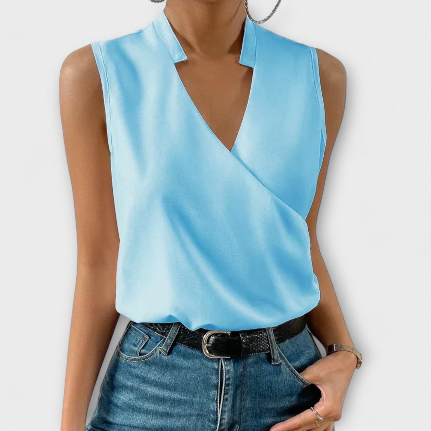 Women’s Wrap Blouse Sleeveless Collared V Neck Shirt