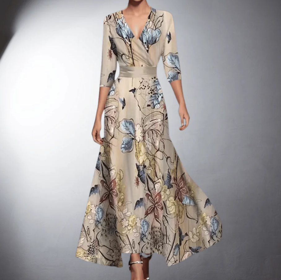 Women’s Floral Maxi Dress with V-Neck Wrap Bodice and Three-Quarter Sleeves