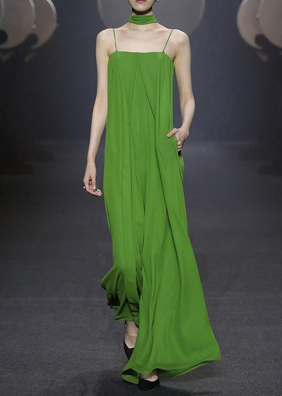 Women's Green Chiffon Spaghetti Strap Jumpsuit with Zippered Pockets for Effortless Elegance