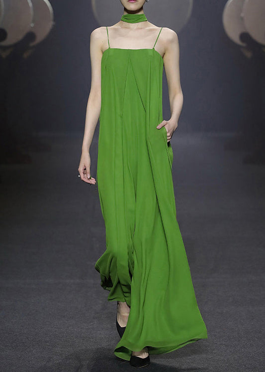 Women's Green Chiffon Spaghetti Strap Jumpsuit with Zippered Pockets for Effortless Elegance