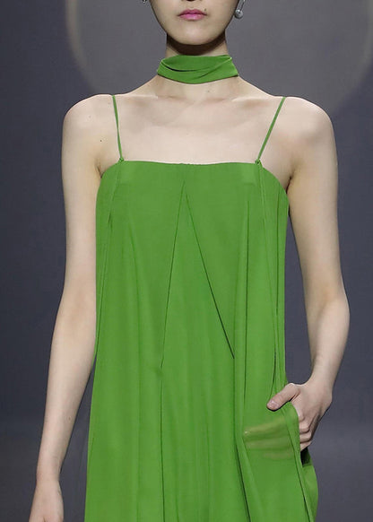 Women's Green Chiffon Spaghetti Strap Jumpsuit with Zippered Pockets for Effortless Elegance