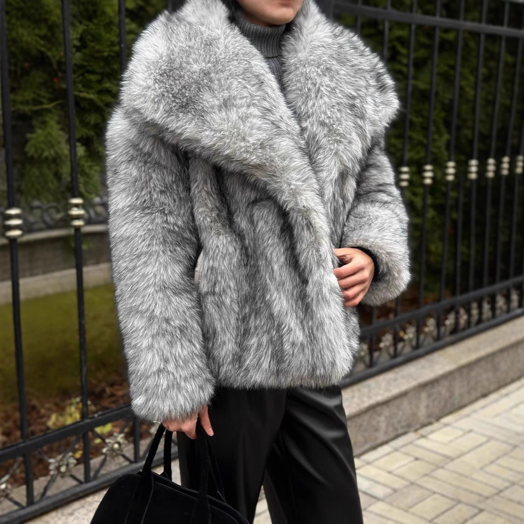 Women's Faux Fur Jacket with Oversized Collar