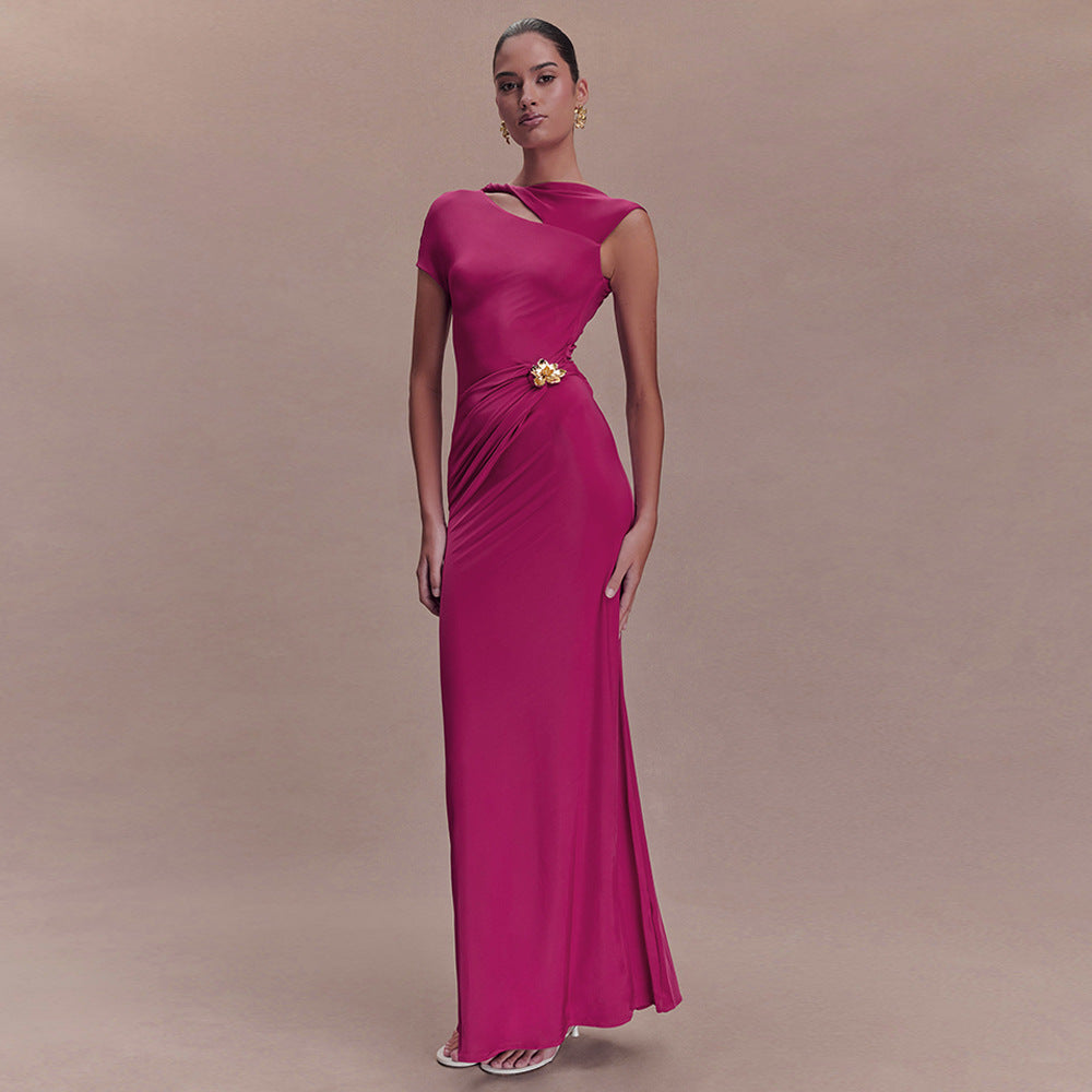 Women's Sheath Maxi Dress with Asymmetric Cutout and Brooch