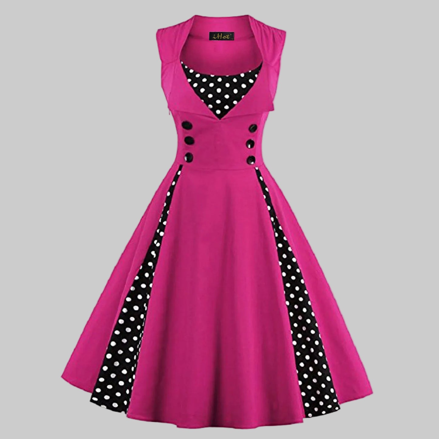 Women’s Vintage Swing Dress with Polka Dot Panels and Double Breasted Buttons