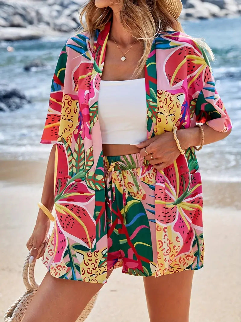Women’s Shorts Set with Open Front Kimono Blouse and Pockets