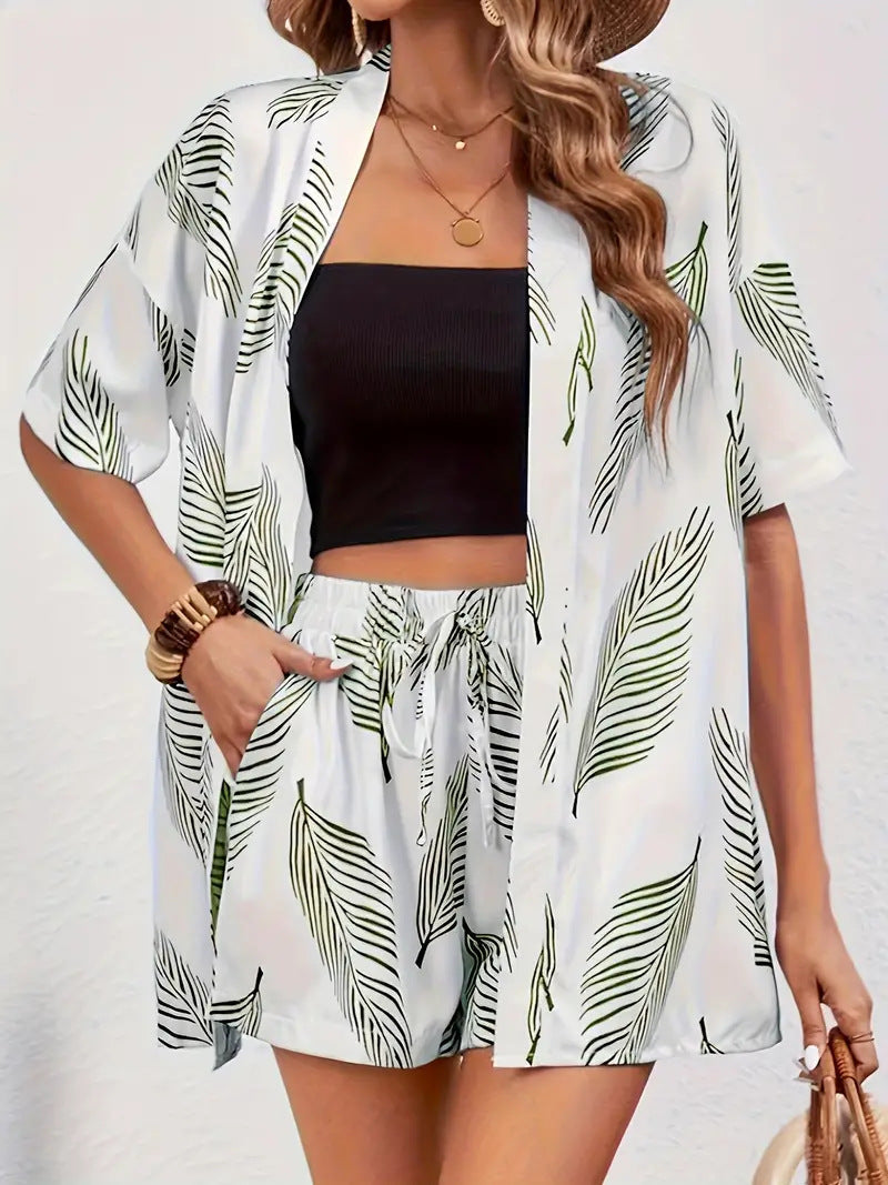 Women’s Shorts Set with Open Front Kimono Blouse and Pockets