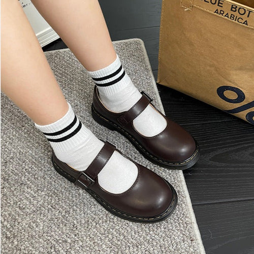 Women’s Mary Jane Shoes with Contrast Stitching and Buckle Strap