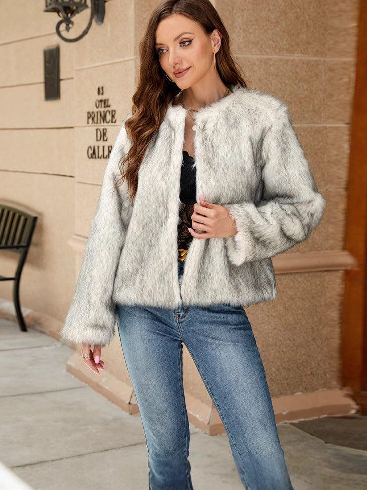 Women's Faux Fur Jacket Open Front Long Sleeve
